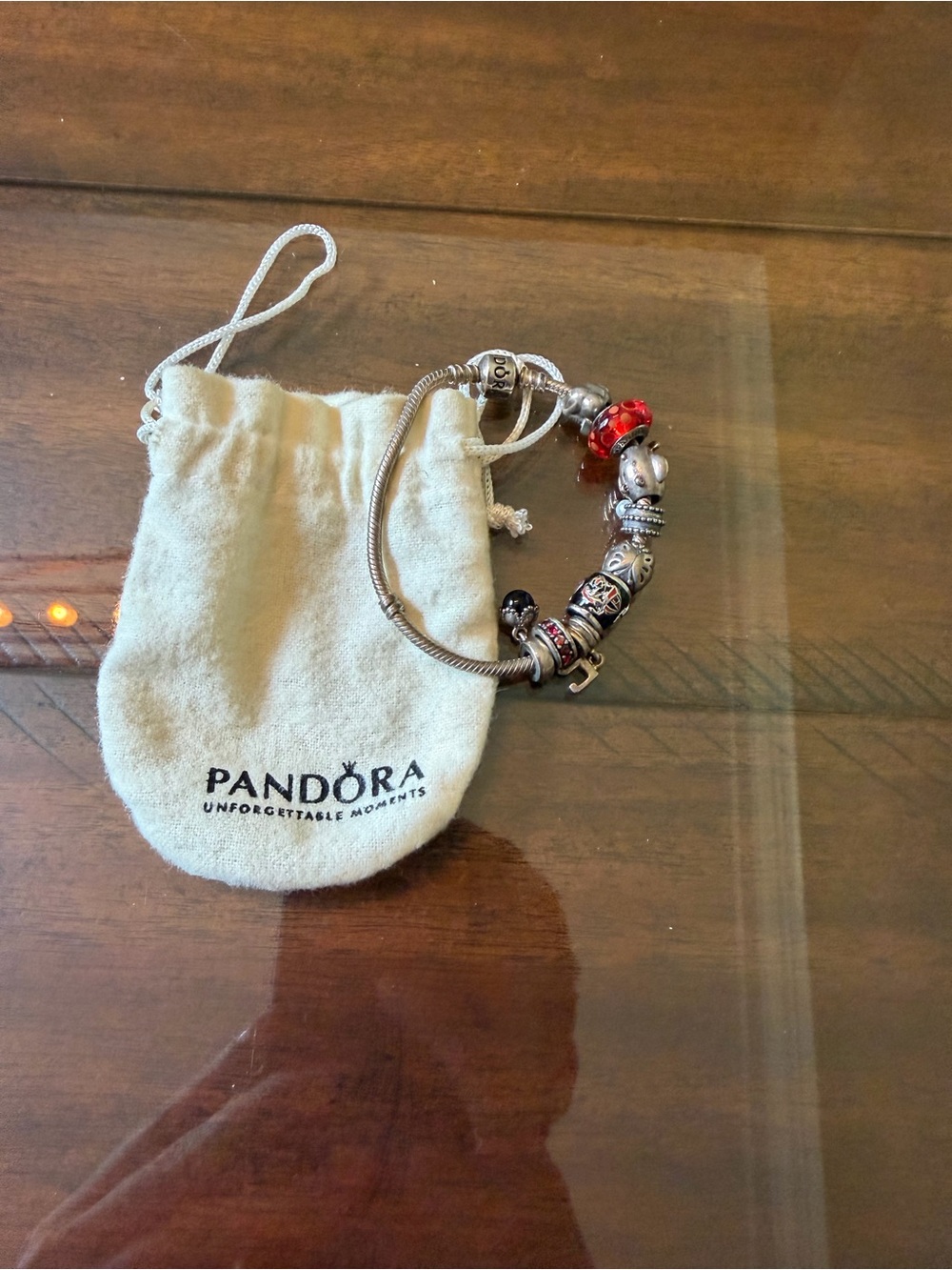 Pandora Silver Charm Bracelet with Red and Black Accents